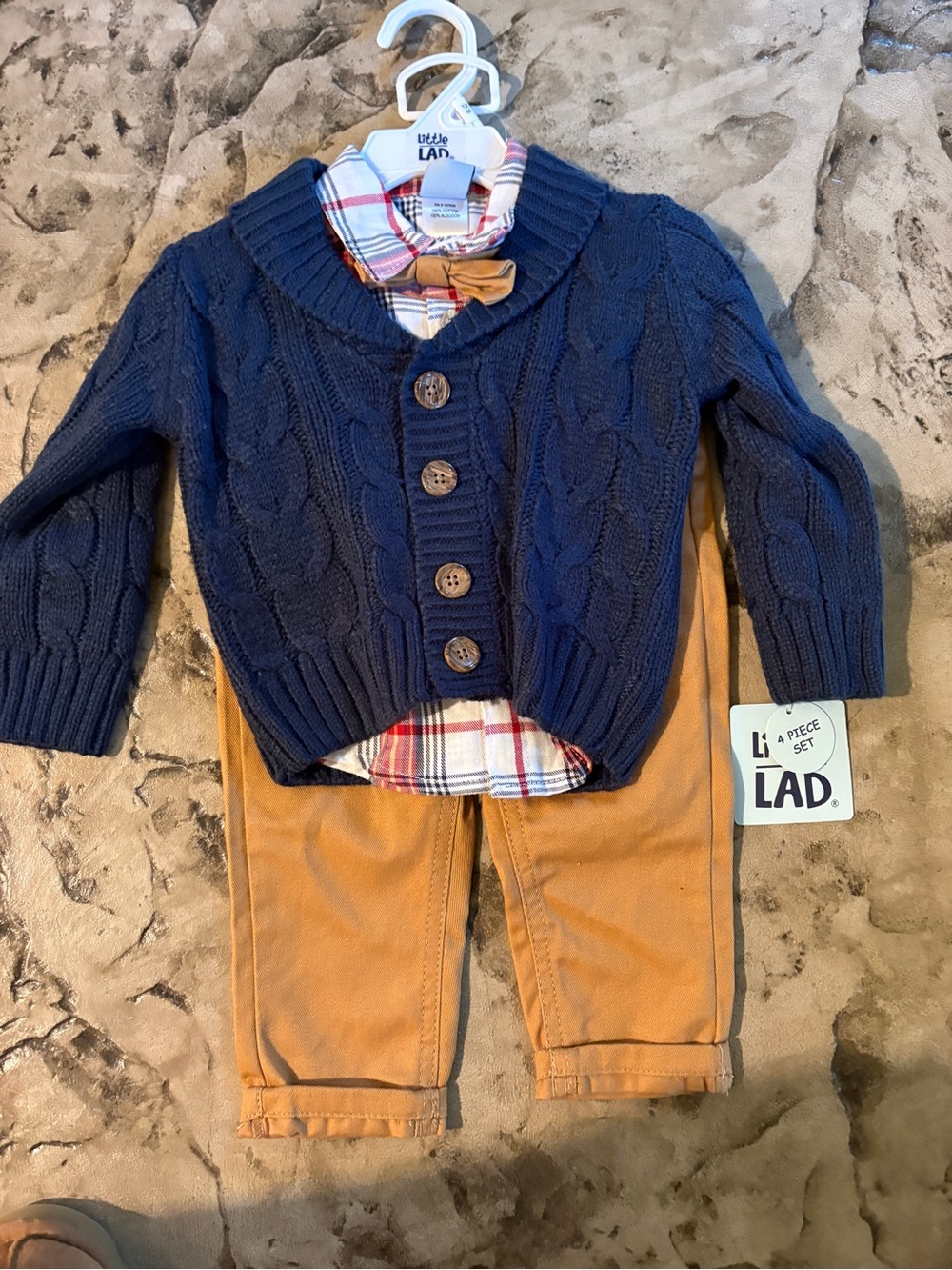 Navy Cable-Knit Cardigan & Plaid Shirt Set - Navy & Tan
